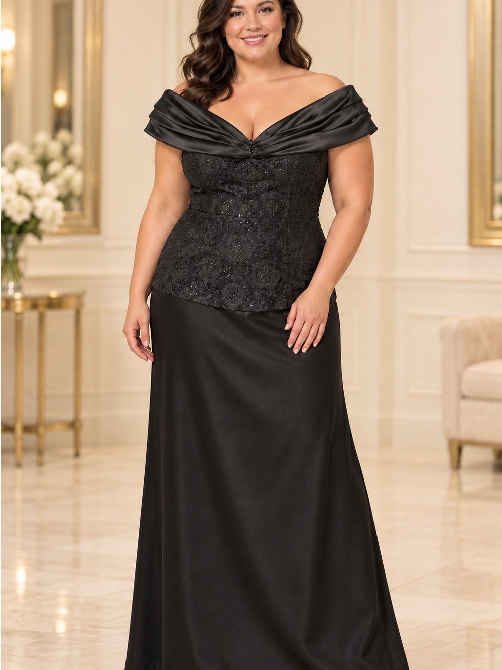 Patra Black Off-Shoulder Lace Bodice Maxi Dress